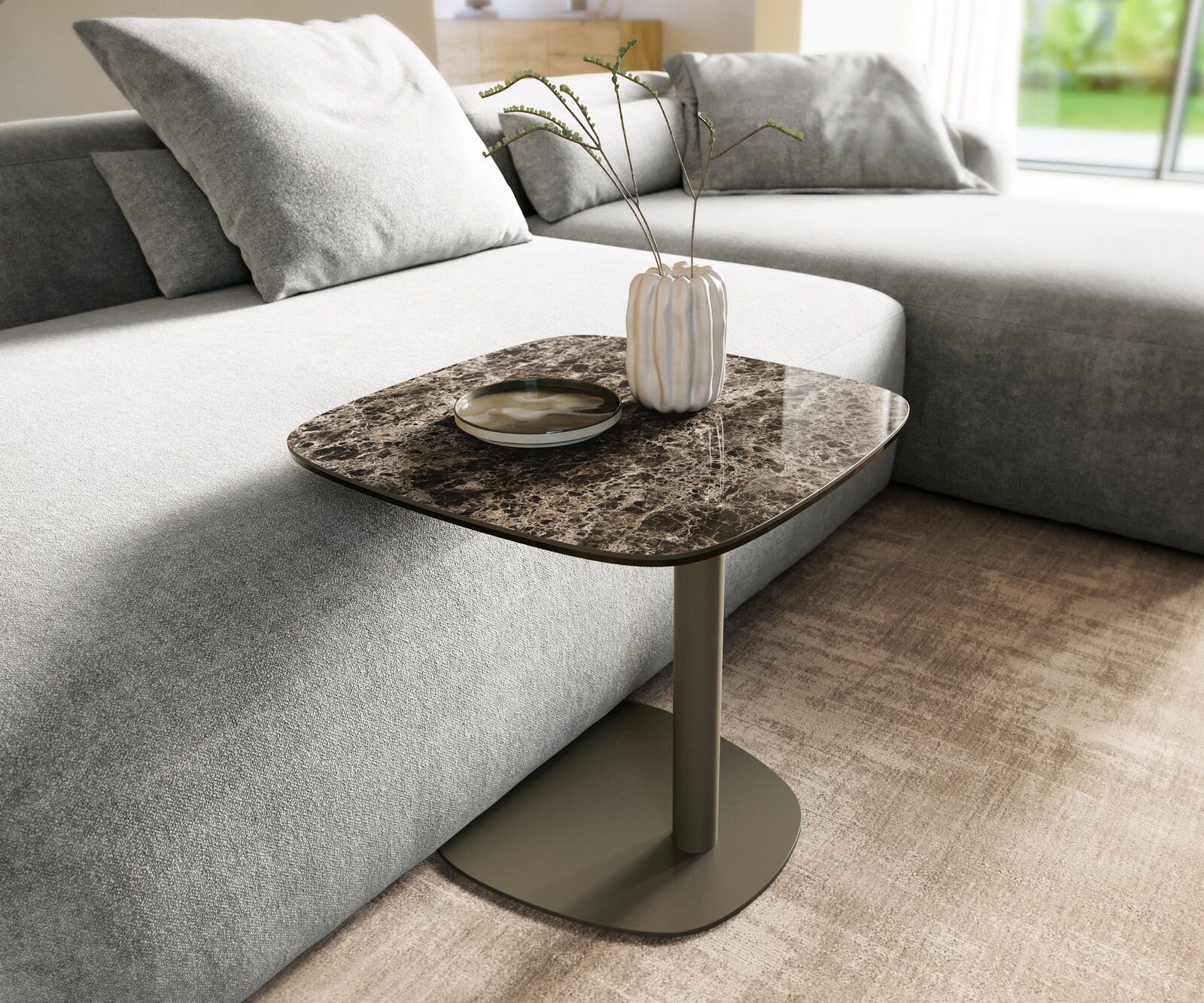 Bijzettafel Edge bootvorm 50x50 cm keramiek Emperador Extra Lucidato donkerbruin Eleny metaal effectafwerking titanium