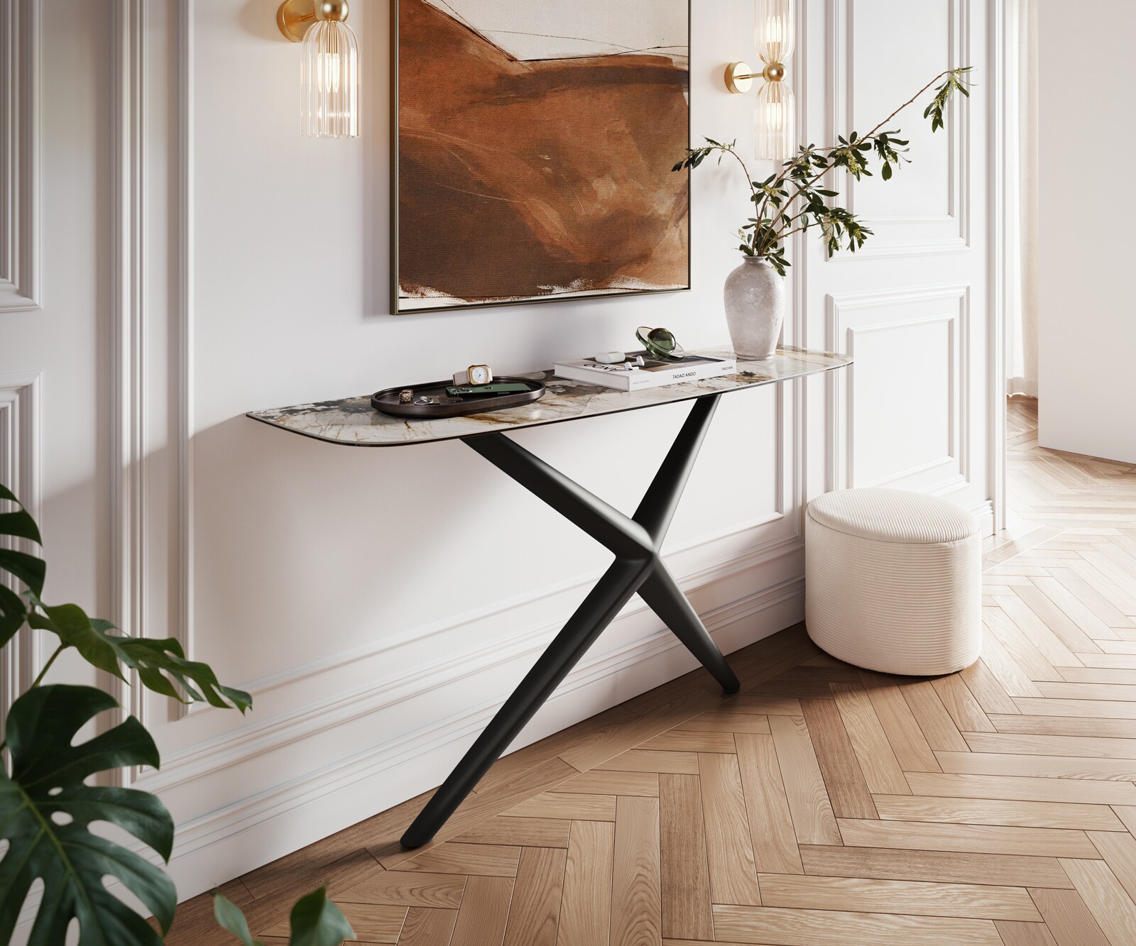 Consoletafel Edge Bootvorm 140x40 cm Keramiek Patagonia Poliert Estelo Metaal Zwart 4