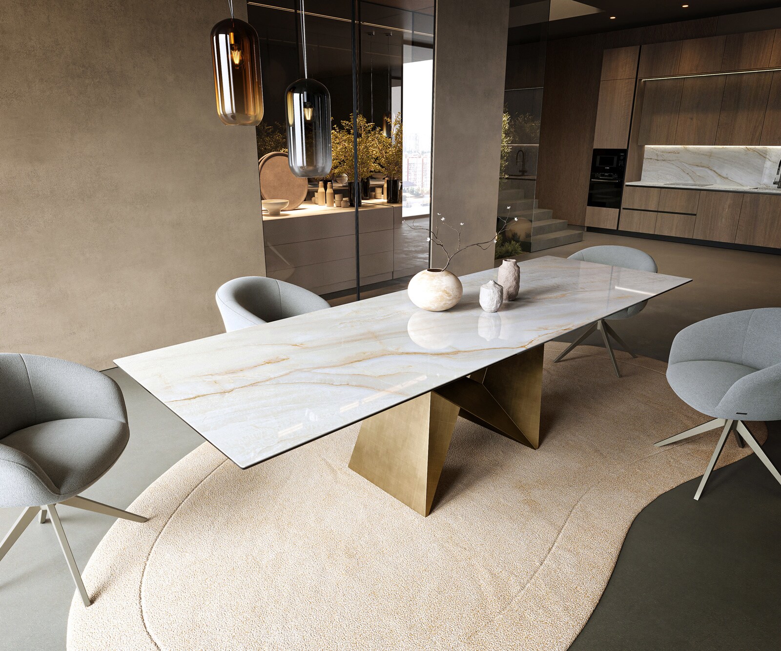Eettafel Edge 300x100 cm keramiek Onyx Pearl Origami metallic goud