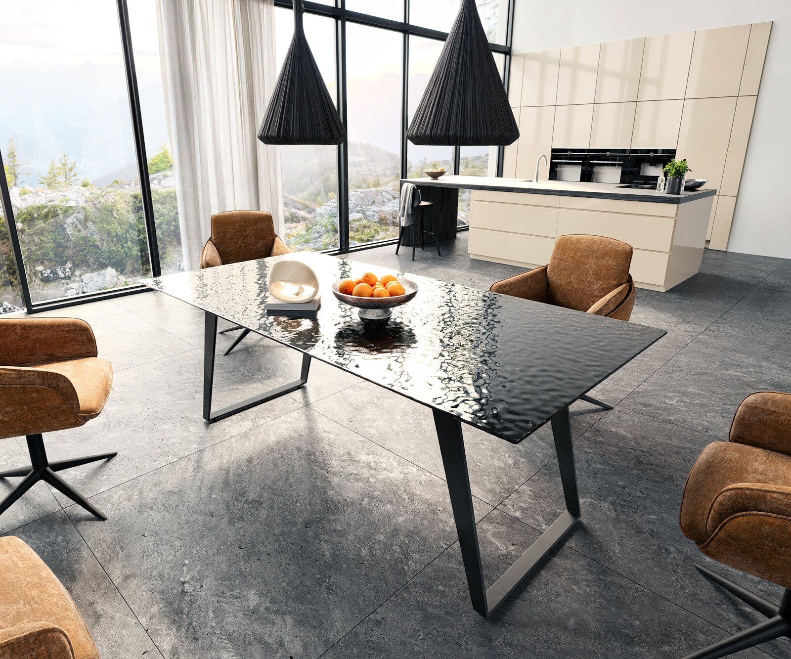Eetkamertafel Edge 200x100 Glas smelten rokerig zwart 3D-Relief metaal schuin zwart
