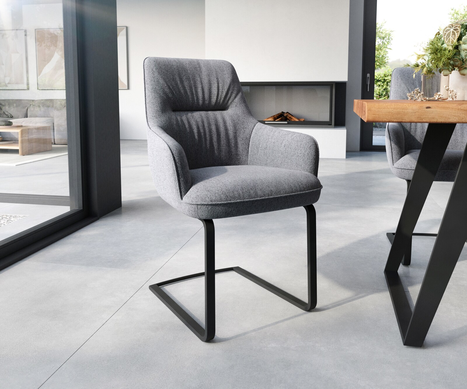 Sledemodel Zelia-Flex met armleuning structuurstof lichtgrijs sledemodel vlak zwart pocketveer kern
