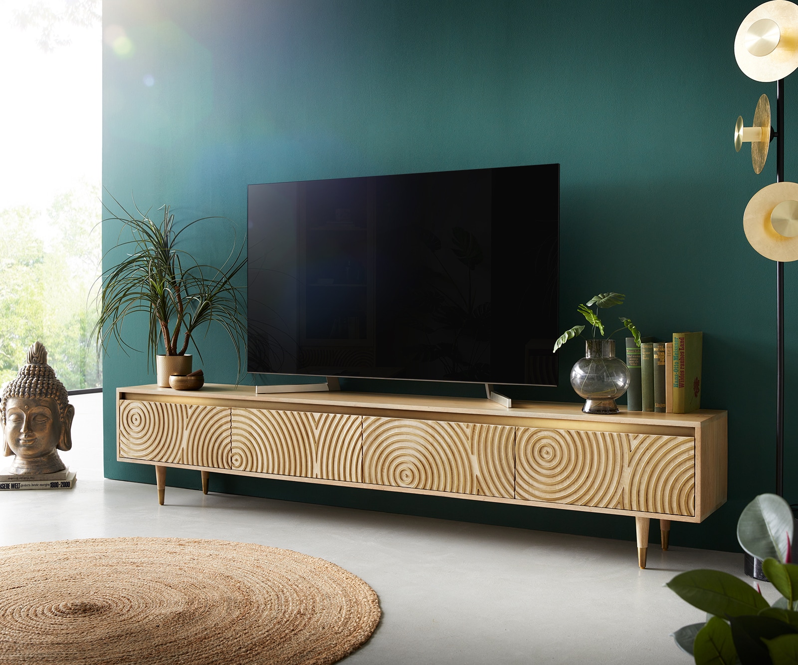 Tv-meubel Budaya 220 cm Mango natuur 4 deurs rond frame Tv-meubel Budaya 220 cm Mango natuur 4 deurs rond frame