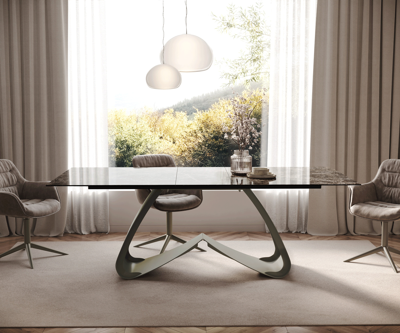 Eettafel Edge Keramiek Emperador Extra Lucidato Donkerbruin 180-220x100 W-onderstel effectafwerking Titanium uitschuifbaar 2