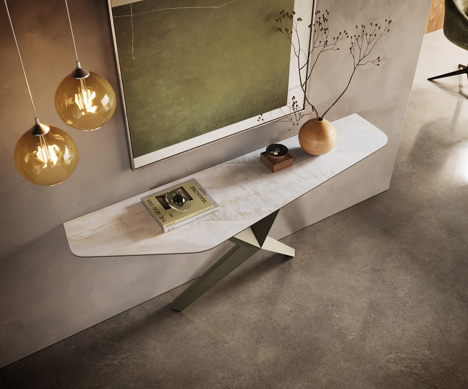 Consoletafel Edge Polygonaal 180x50 cm Keramiek Onyx Pearl Zentharo Metaal Effektfinish Titan 2