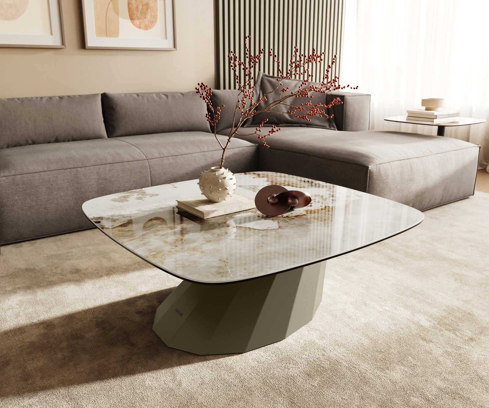 Salontafel Edge Boot 90x90 cm keramiek Minas Melange Parabi Metall effectafwerking titaan 1