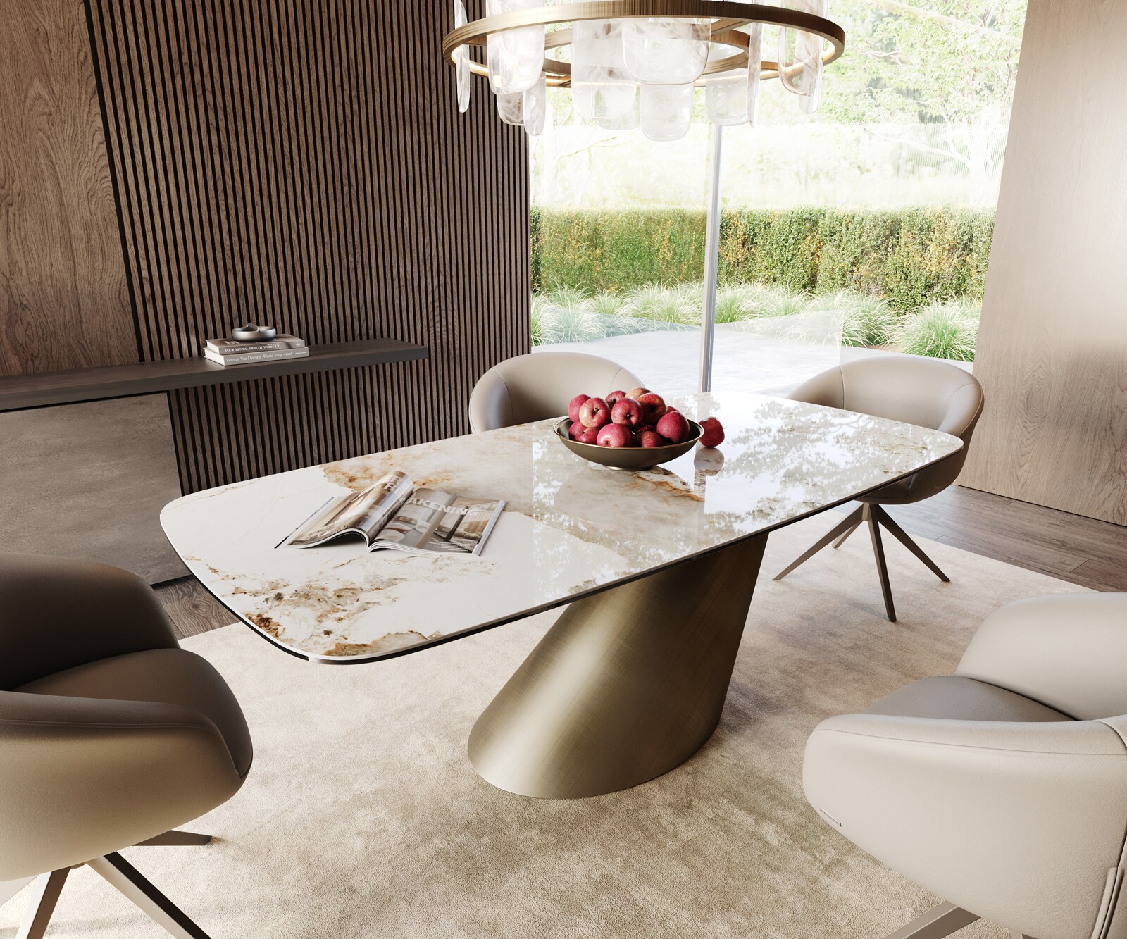 Eettafel Edge Boot 200x100 keramiek  Minas Melange wit-beige  Cono metaal goud