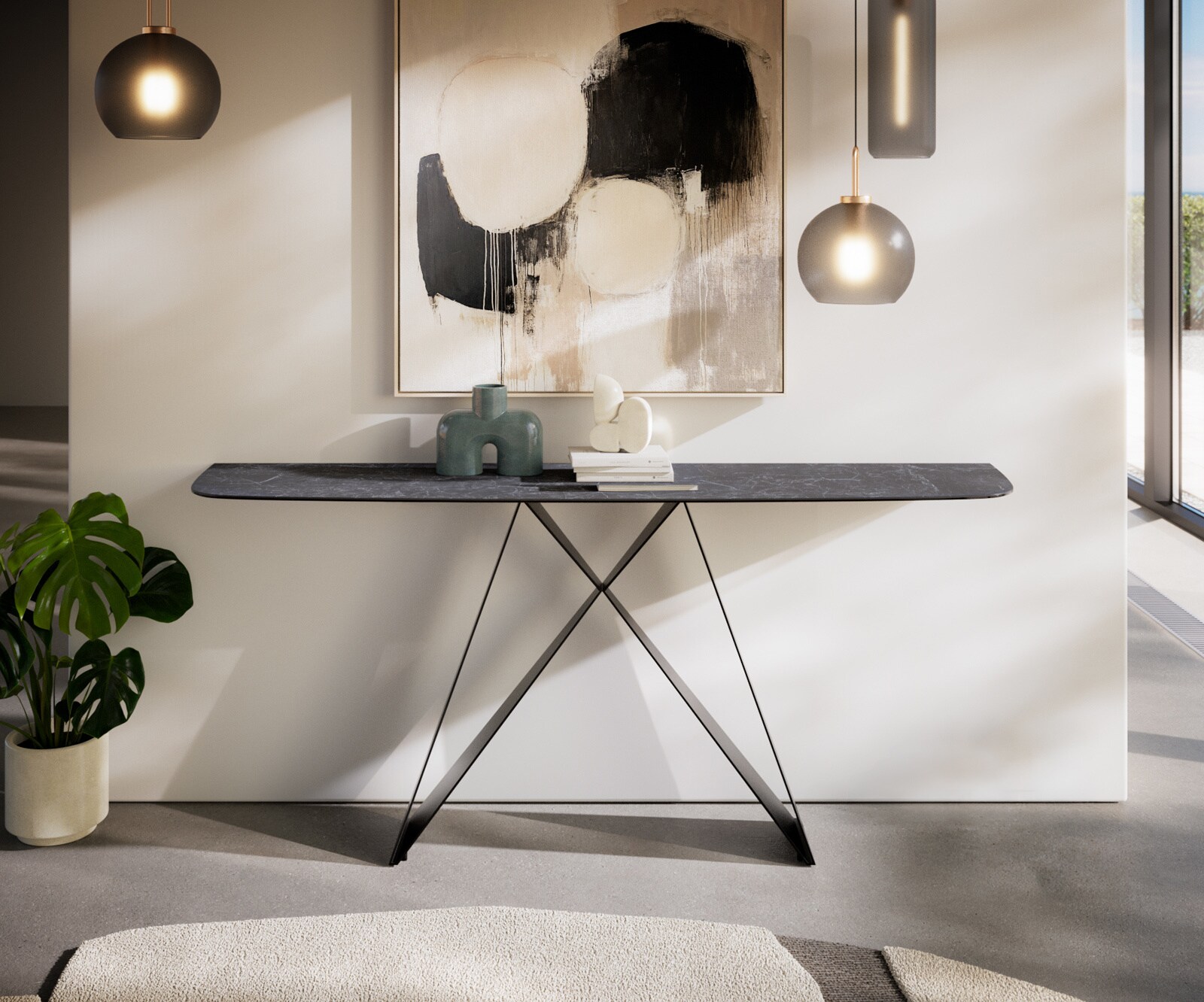 Consoletafel Edge Bootvorm 180x40 cm Keramiek Laminam® Nero Greco Anthrazit Velio Metaal Zwart 1