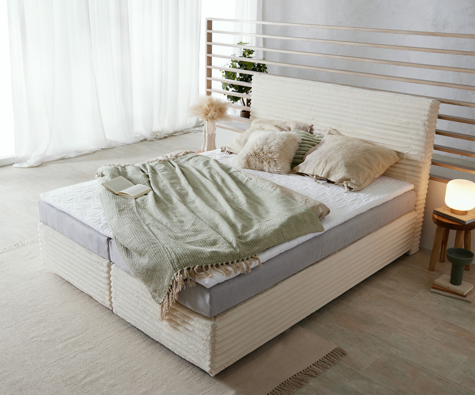 Boxspringbed Dream-Well pluche corduroy beige 160x200 cm TFK matras Visco topper 3 Boxspringbed Dream-Well pluche corduroy beige 160x200 cm TFK matras Visco topper 3