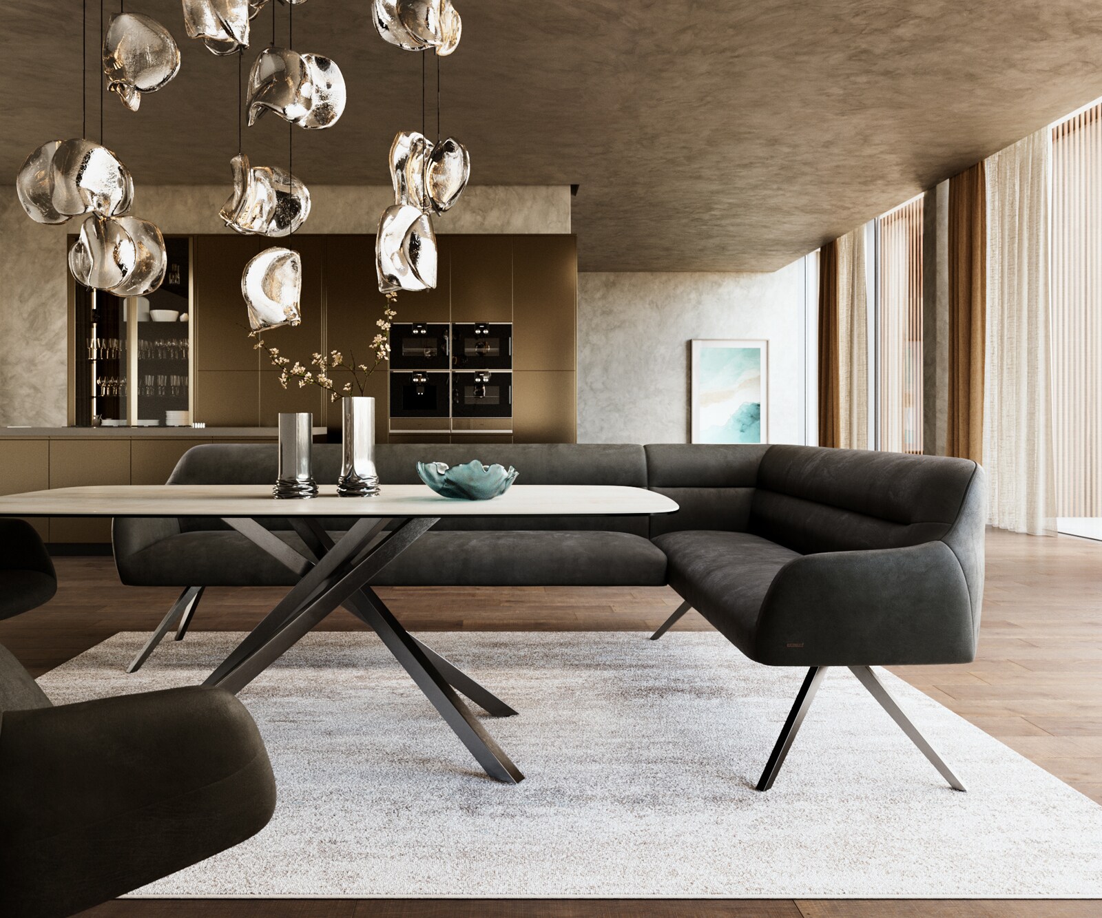 Eetkamerbank Taya-Flex 285x190 cm microvelours anthraciet vintage hoekig kruisframe grafiet pocketvering links 2