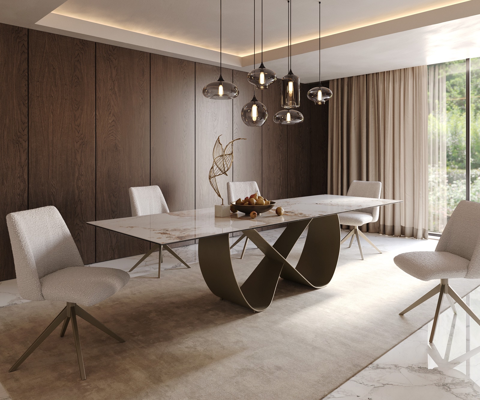 Eettafel Edge 300x100cm keramiek Minas Melange wit-beige Infinity metaal effect afwerking titanium 8