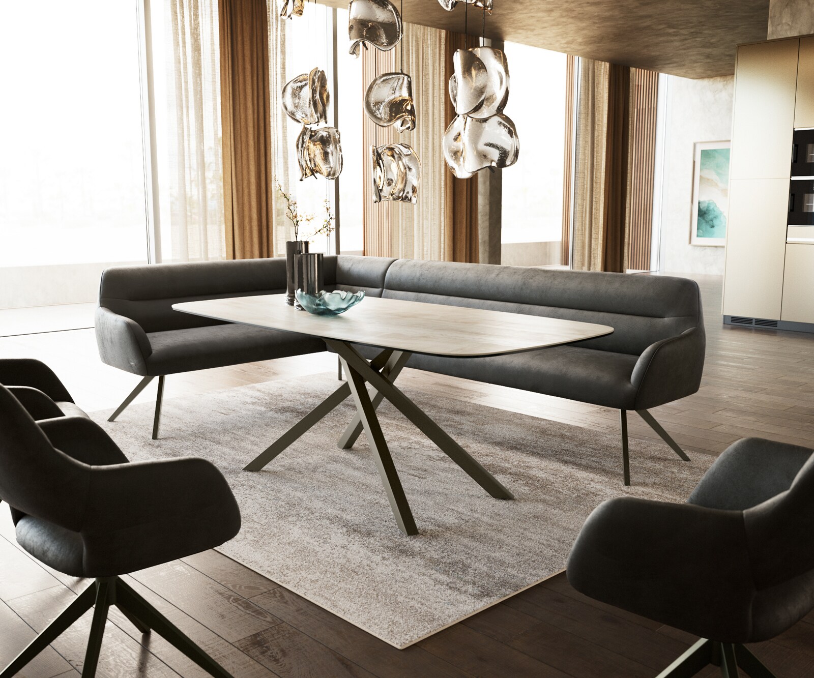 Eetkamerbank Taya-Flex 285x190 cm microvelours anthraciet vintage hoekig kruisframe afwerking met titaniumeffect pocketvering rechts 1