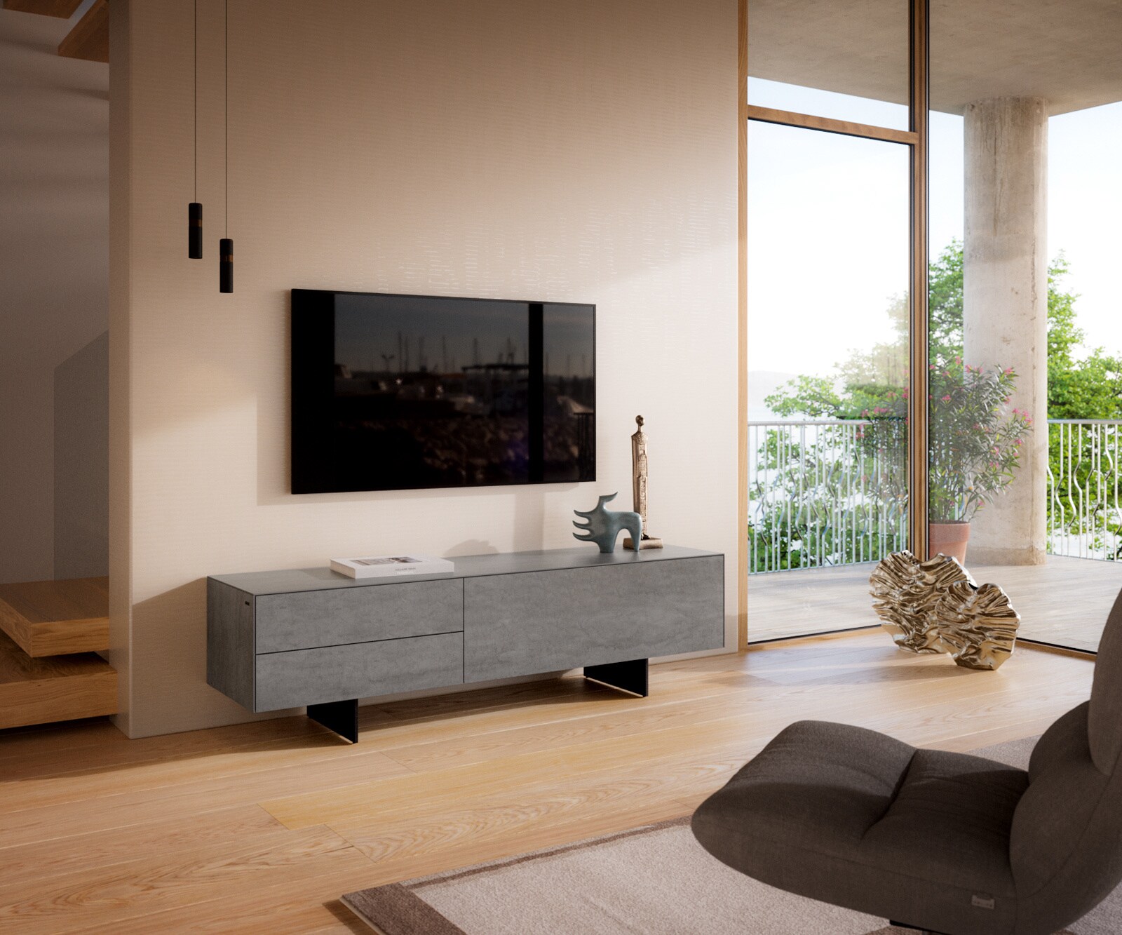 Tv-meubel Cuor 180 cm Keramiek Beton Grijs 1 Flap 2 Laden Zwevende voet look Metaal Zwart