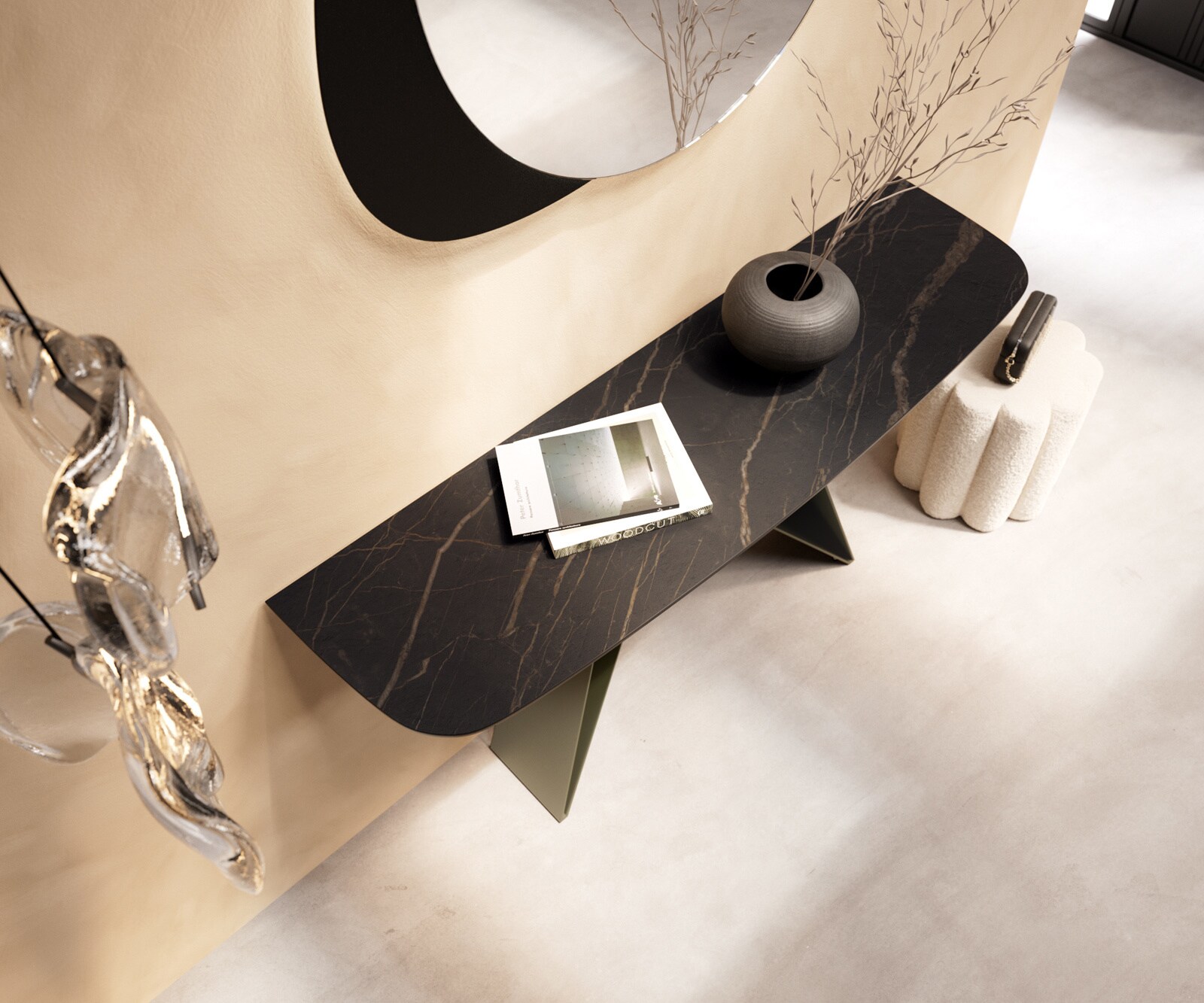 Consoletafel Edge Bootvorm 140x40 cm Keramiek Laminam® Noir Desir Braun Velio Metaal Effektfinish Titan 2