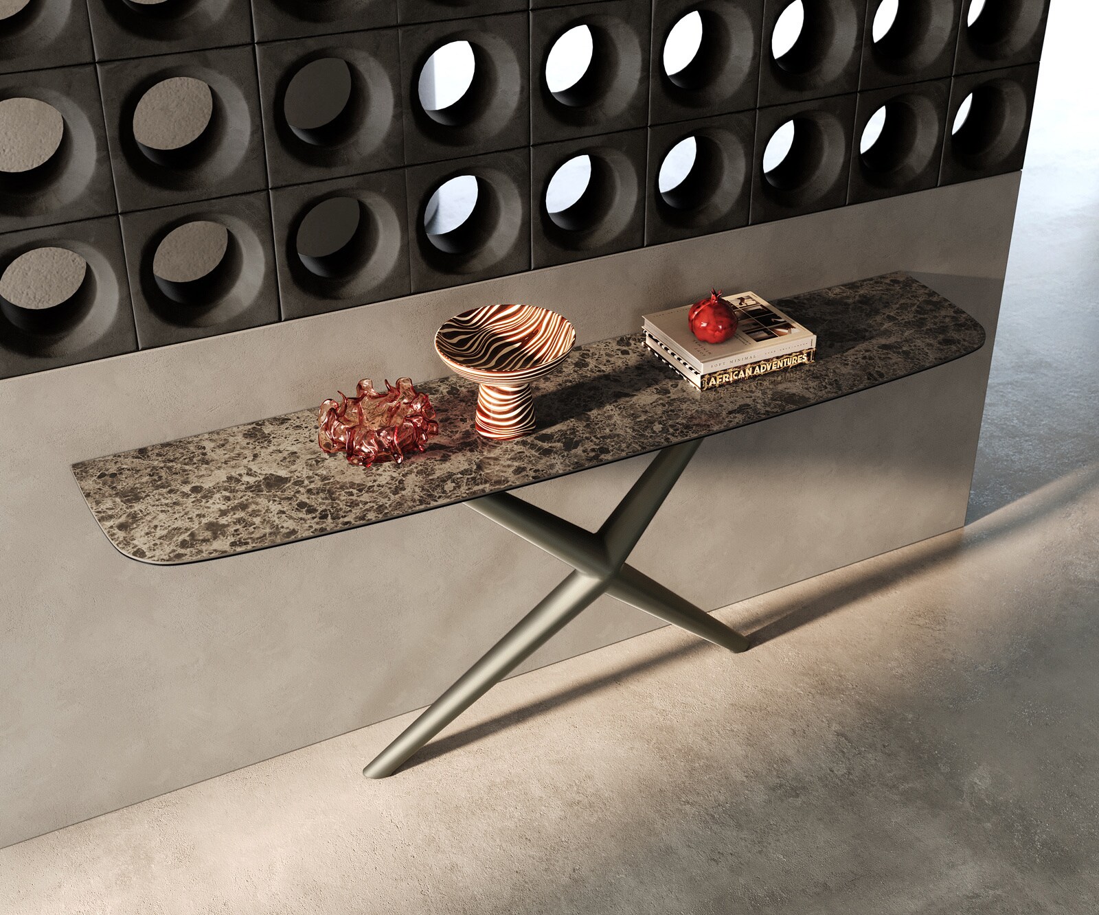 Consoletafel Edge Bootvorm 180x40 cm Keramiek Emperador Extra Lucidato Dunkelbraun Estelo Metaal Effektfinish Titan 2