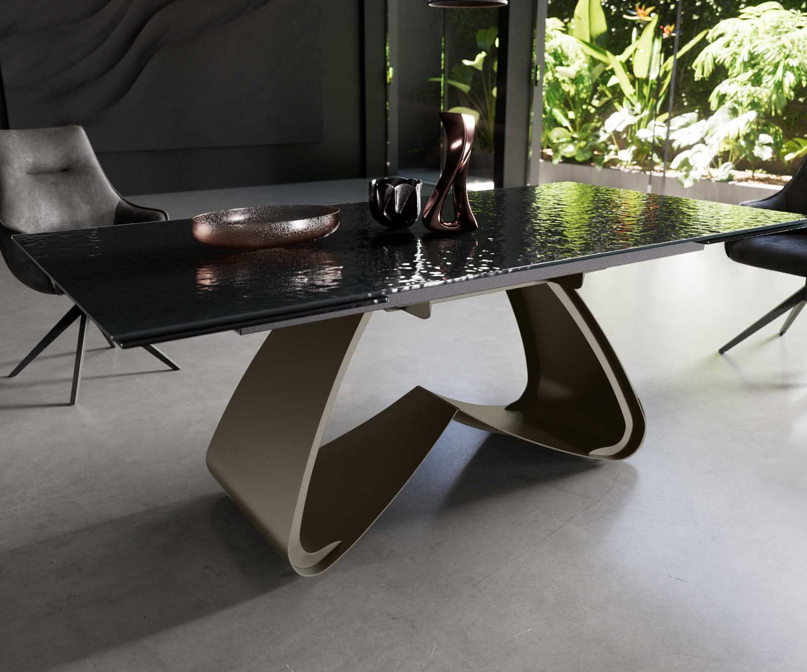 Eetkamertafel Edge 200-300x100 Glas smelten rokerig zwart 3D-Relief W-frame effectafwerking Titaan uitschuifbaar 4