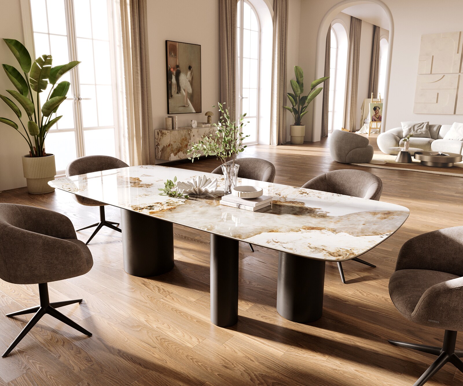 Eettafel Edge Boot 260x120 cm Keramiek Minas Melange Wit-Beige Troa Metaal Zwart 1