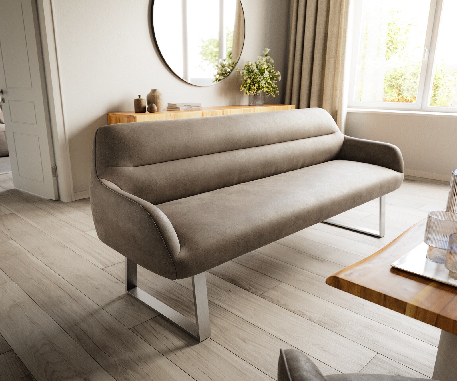 Eetkamerbank Taya-Flex 200 cm microvelours taupe vintage gekant sledeframe roestvrij staal pocketvering