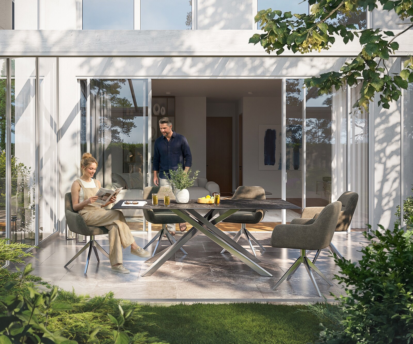 Outdoortafel Edge 200x100 cm keramiek Laminam® Nero Greco antraciet kruispoot rechthoekig roestvrij staal