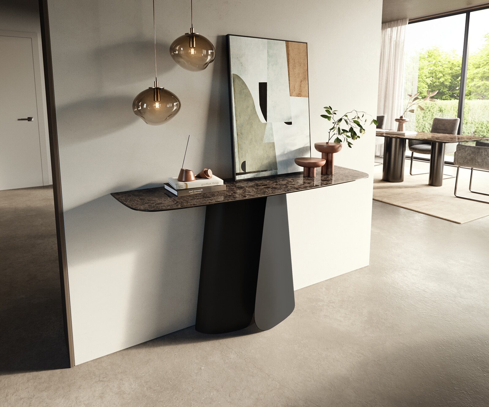 Consoletafel Edge Bootvorm 140x40 cm Keramiek Emperador Extra Lucidato Dunkelbraun Livos Metaal Zwart 3