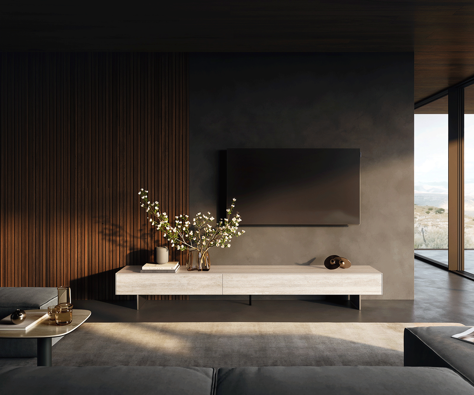 Tv-meubel Cuor 250 cm Keramiek Laminam® Travertino Bianco Crème-wit 1 Flap 1 Lade Zwevende voet look Roestvrij staal 2