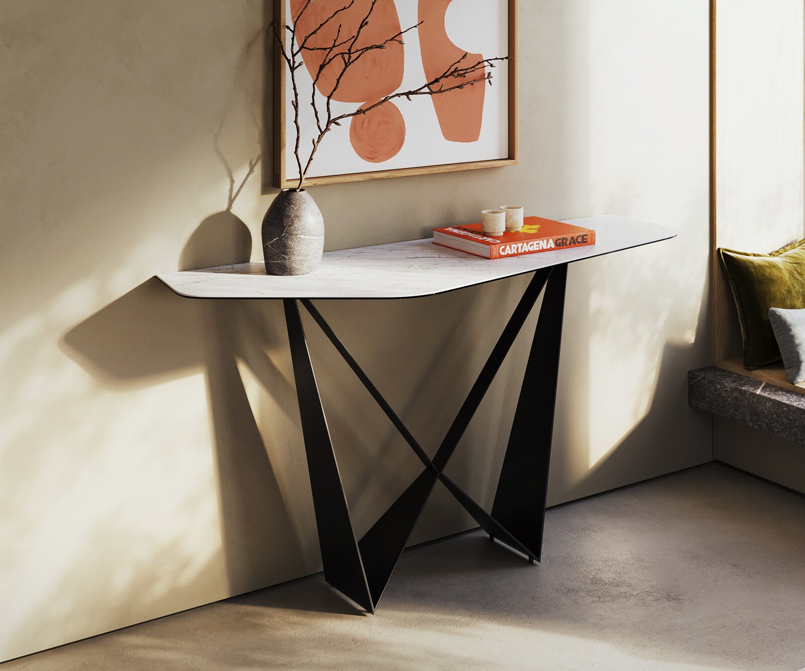 Consoletafel Edge Polygonaal 140x50 cm Keramiek Laminam® Statuarietto Weiß Spios Metaal Zwart 4