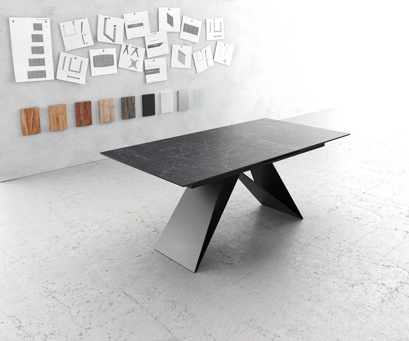 Eettafel Edge 180-220x100cm Laminam® keramiek grijs V-middenpoot zwart 1