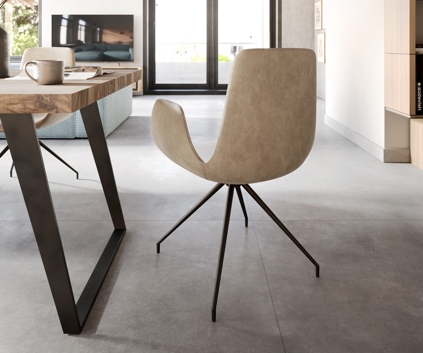 Eetkamerstoel Ilia-Flex met armleuning microvelours beige vintage kruisframe conisch zwart 4 Eetkamerstoel Ilia-Flex met armleuning microvelours beige vintage kruisframe conisch zwart 4