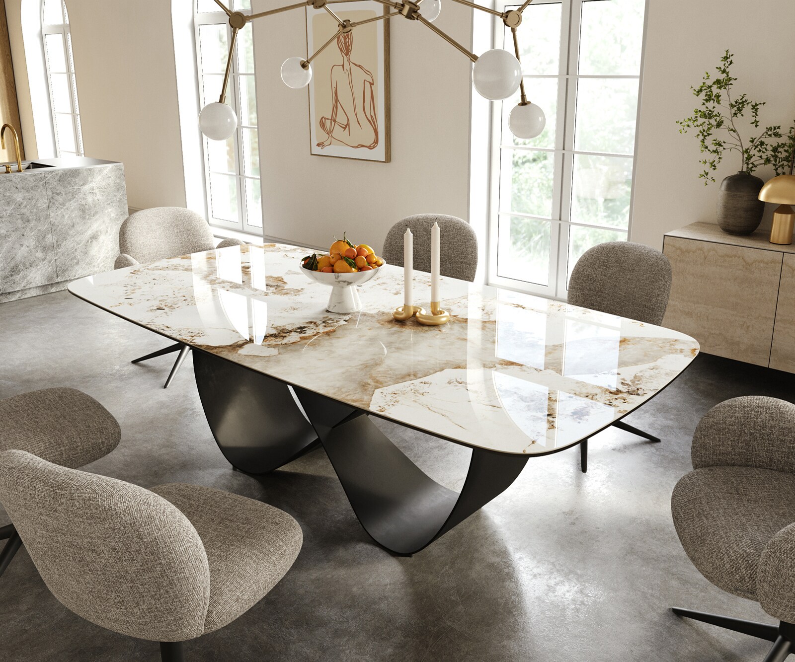 Eettafel Edge Boot 240x120 cm Keramiek Minas Melange Wit-Beige Infinity Metaal Zwart