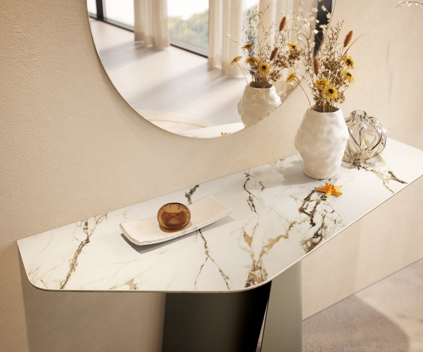 Consoletafel Edge Polygonaal 140x50 cm Keramiek Calacatta Luxe Weiß-Gold-Grijs Livos Metaal Effektfinish Titan 5