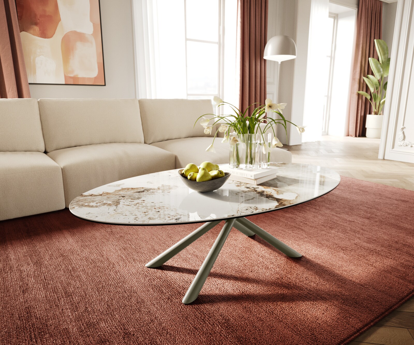 Salontafel Edge Oval 140x80 cm keramiek Minas Melange Sarity Metall effectafwerking titaan