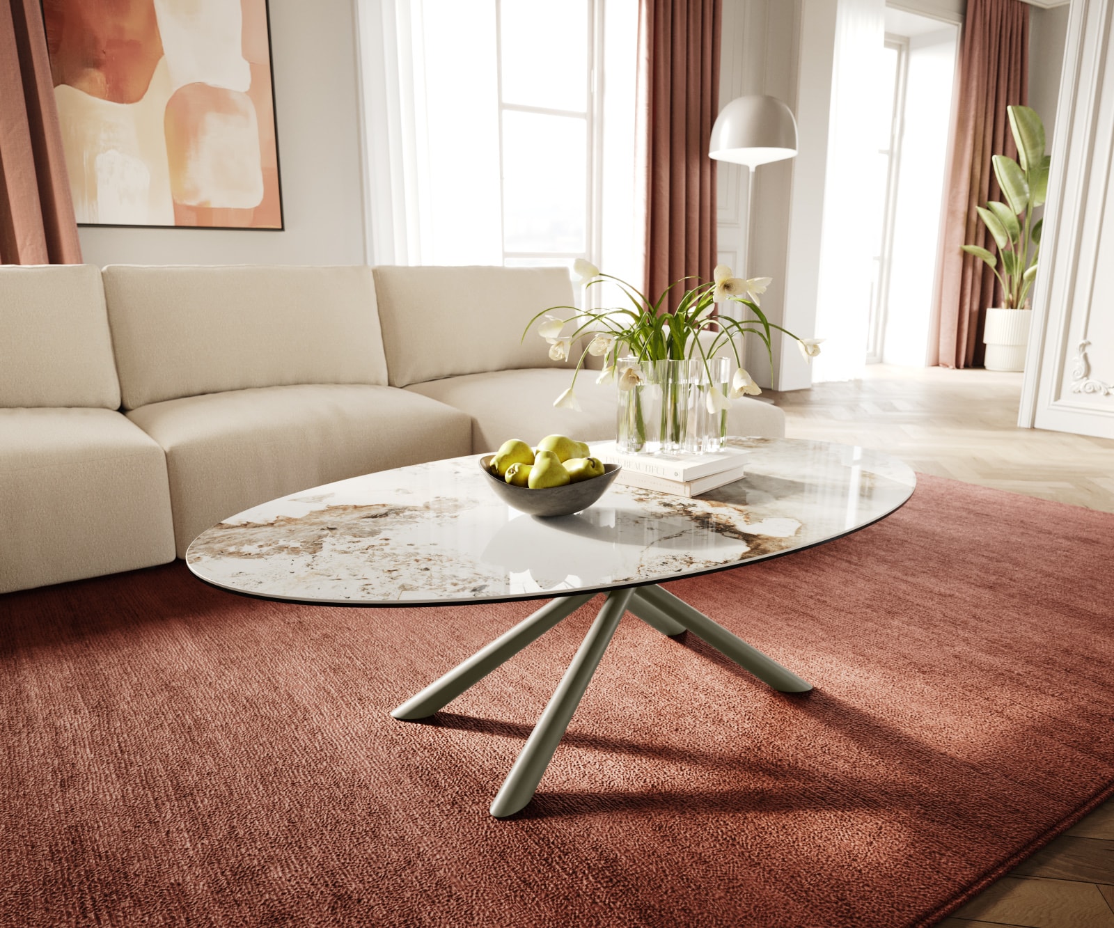 Salontafel Edge Oval 140x80 cm keramiek Minas Melange Sarity Metall effectafwerking titaan 1