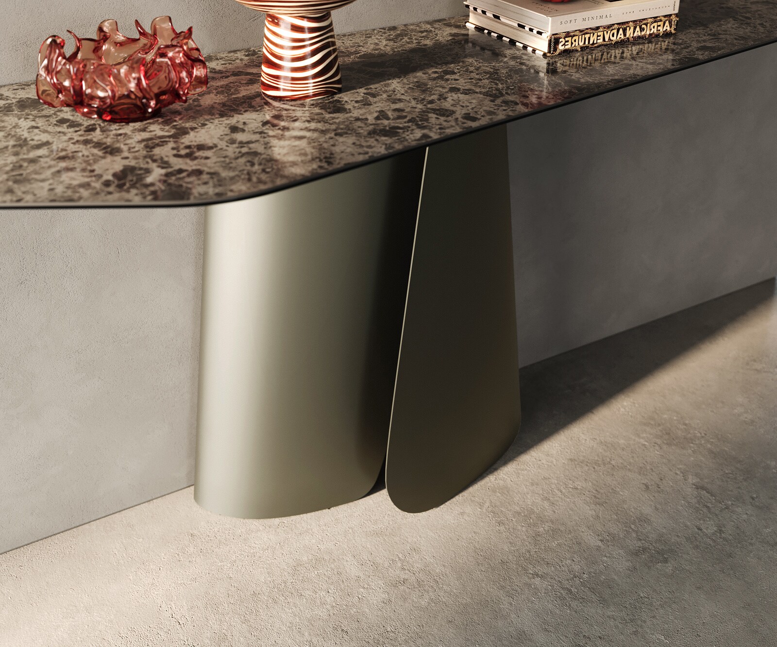 Consoletafel Edge Polygonaal 180x50 cm Keramiek Emperador Extra Lucidato Dunkelbraun Livos Metaal Effektfinish Titan 6