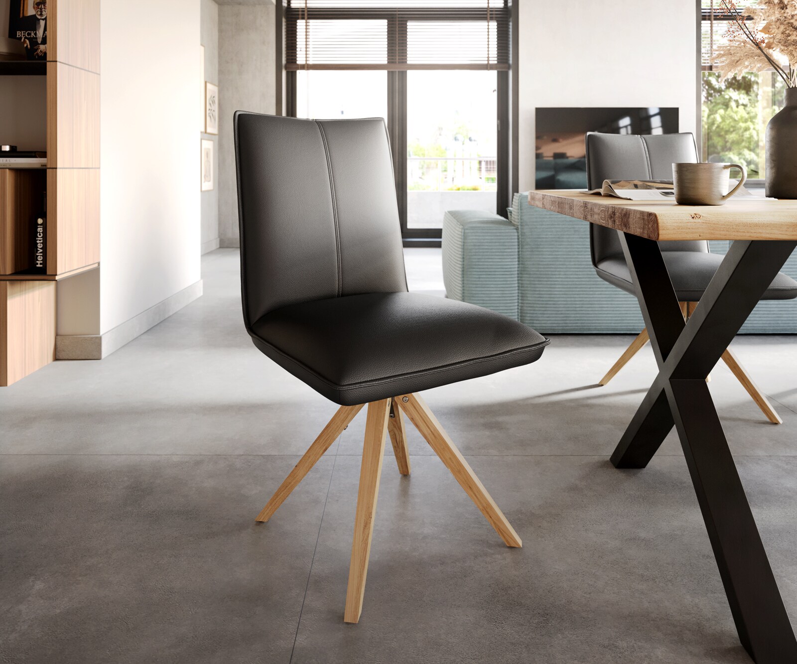 Eetkamerstoel Lelio-Flex echt leer zwart houten frame hoekig natuur pocketveer kern
