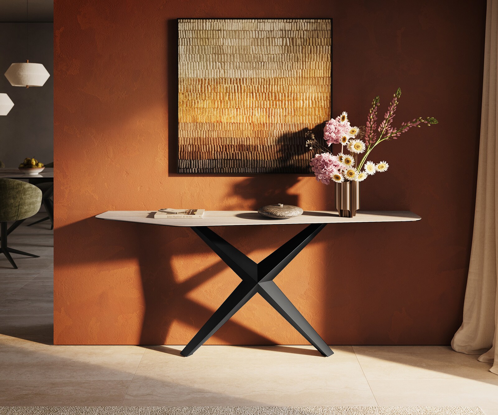 Consoletafel Edge Polygonaal 180x50 cm Keramiek Laminam® Travertino Bianco Creme-Weiß Zentharo Metaal Zwart 1