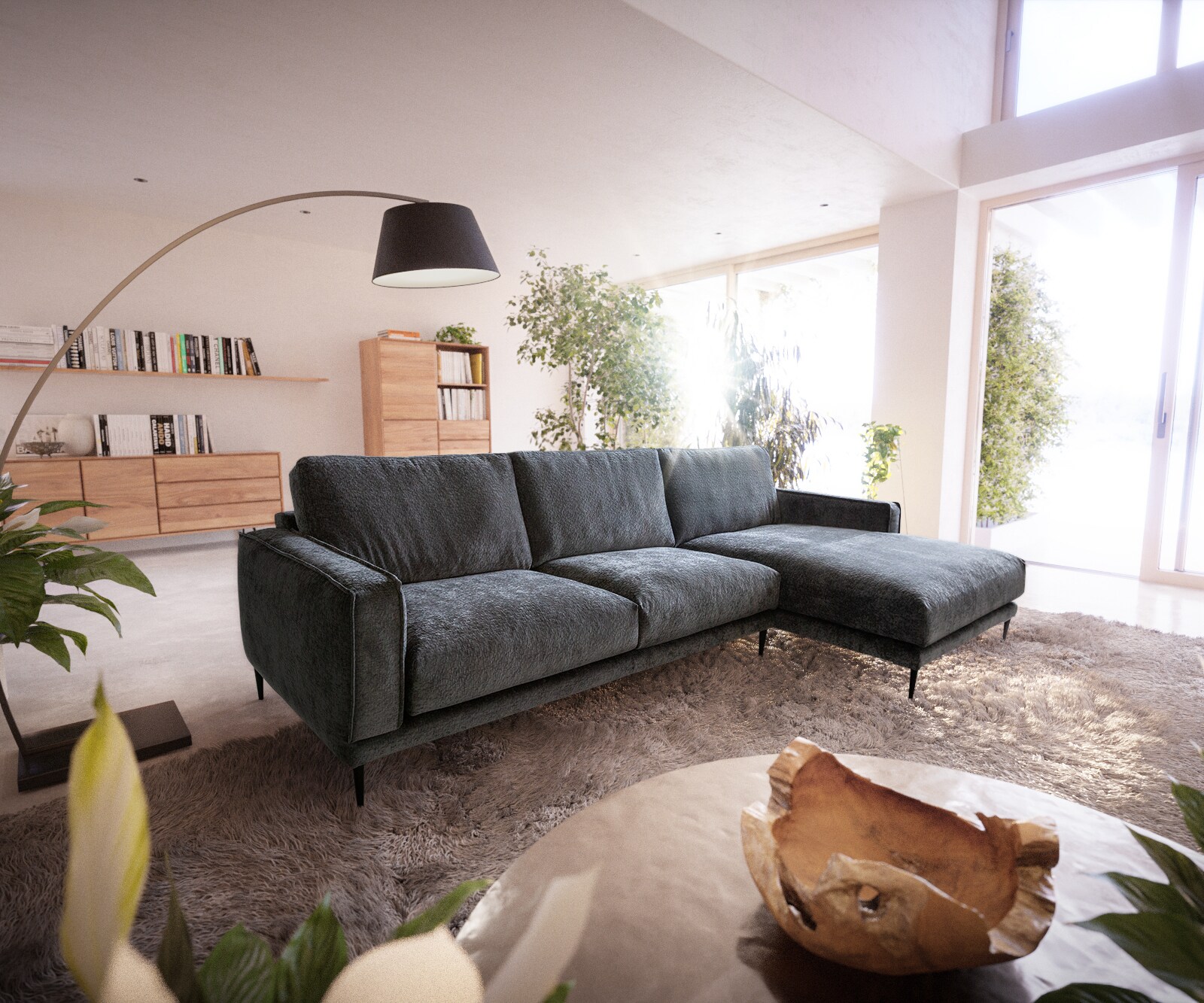 Hoekbank Sottil 290 x 165cm Chenille grijs recamiere rechts