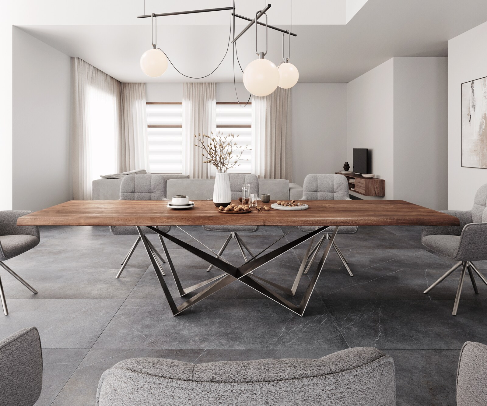 Eettafel Edge 300x100 XL acacia bruin Spider vlakstaal edelstaal Live-Edge 2
