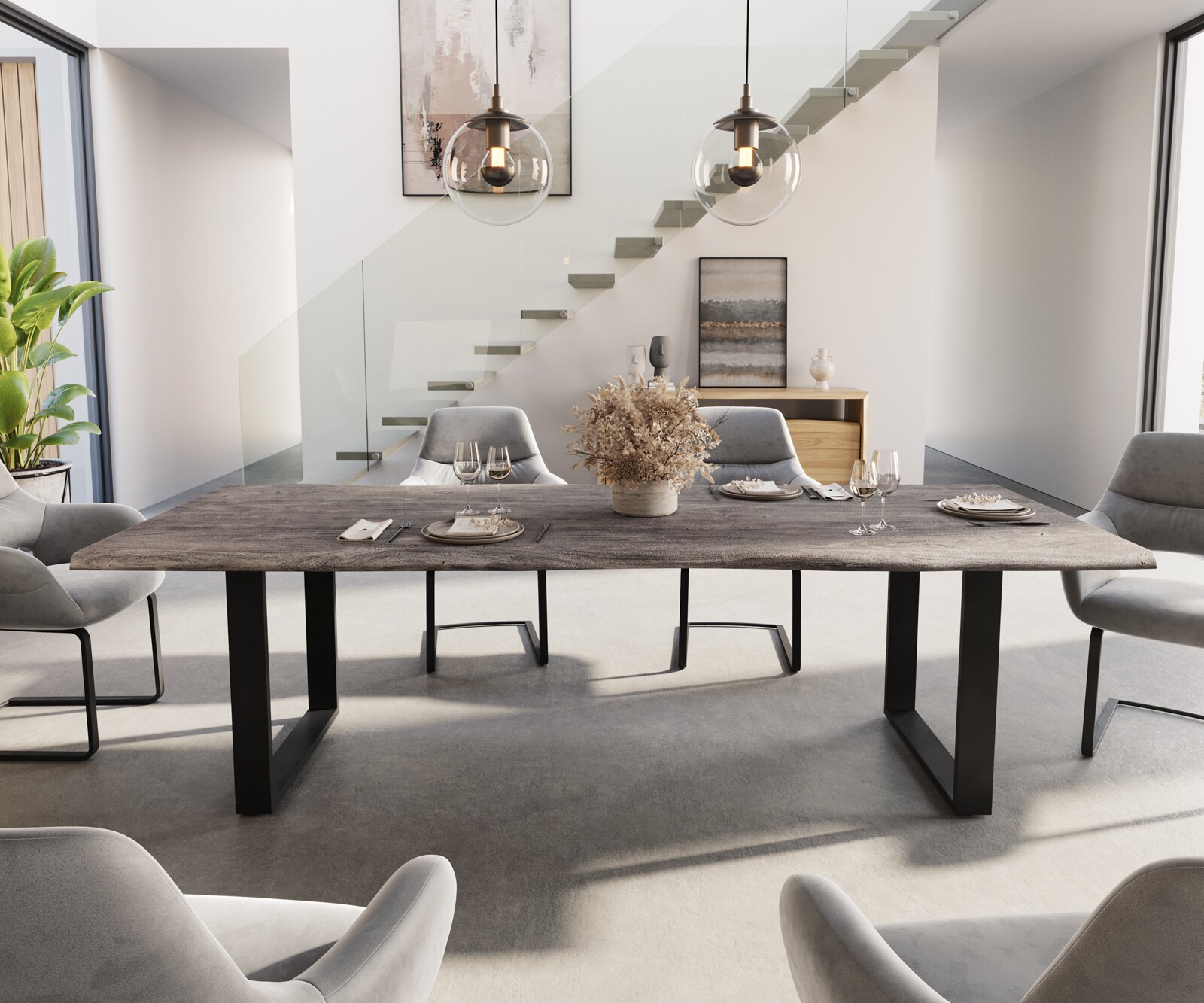 Eettafel Edge 260x100 acacia platina skidframe zwart Live-Edge 1 Eettafel Edge 260x100 acacia platina skidframe zwart Live-Edge 1