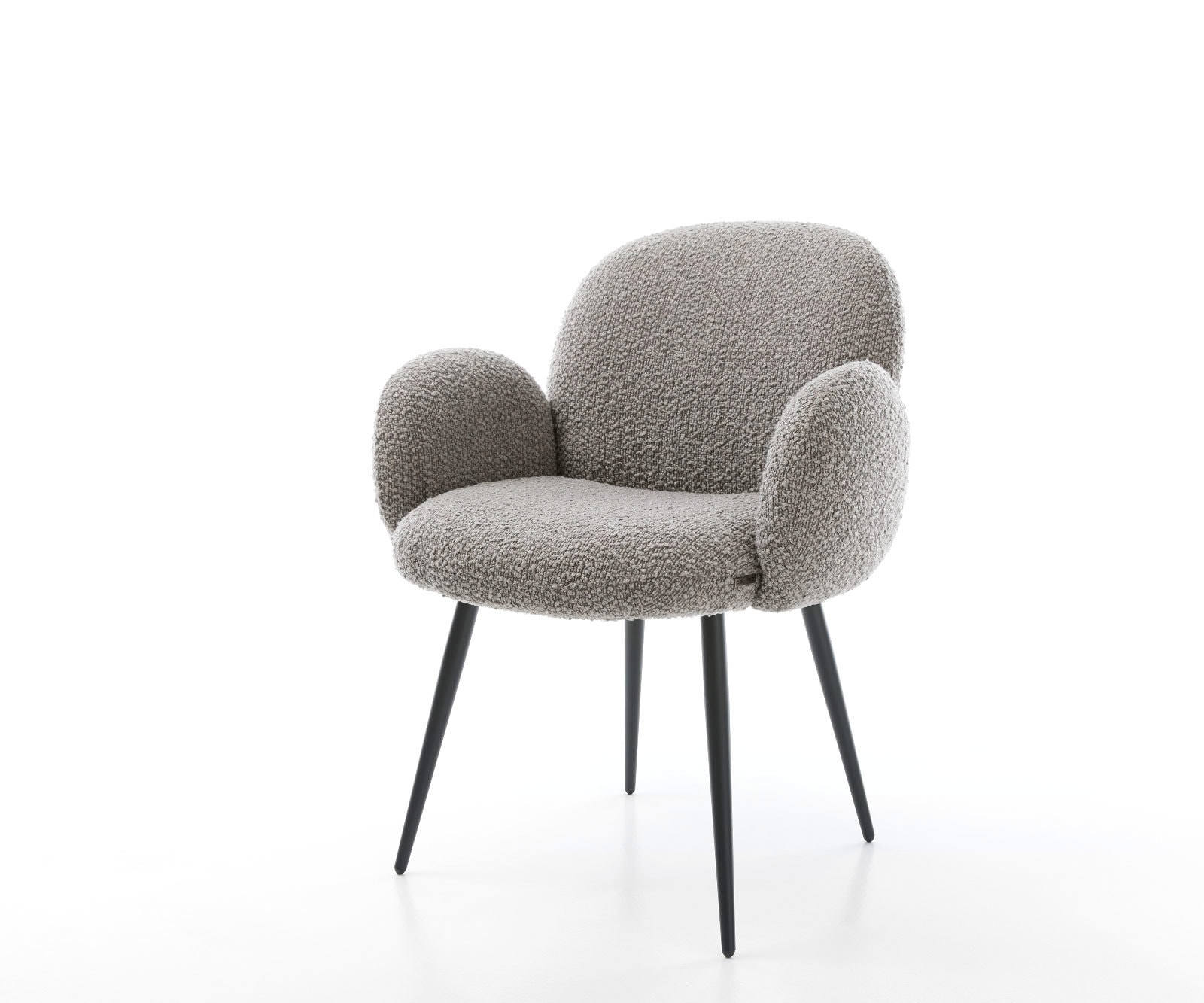 Eetkamerstoel Nube-Flex met armleuning bouclé zilver grijs 4-poot conisch zwart pocketveer kern Eetkamerstoel Nube-Flex met armleuning bouclé zilver grijs 4-poot conisch zwart pocketveer kern