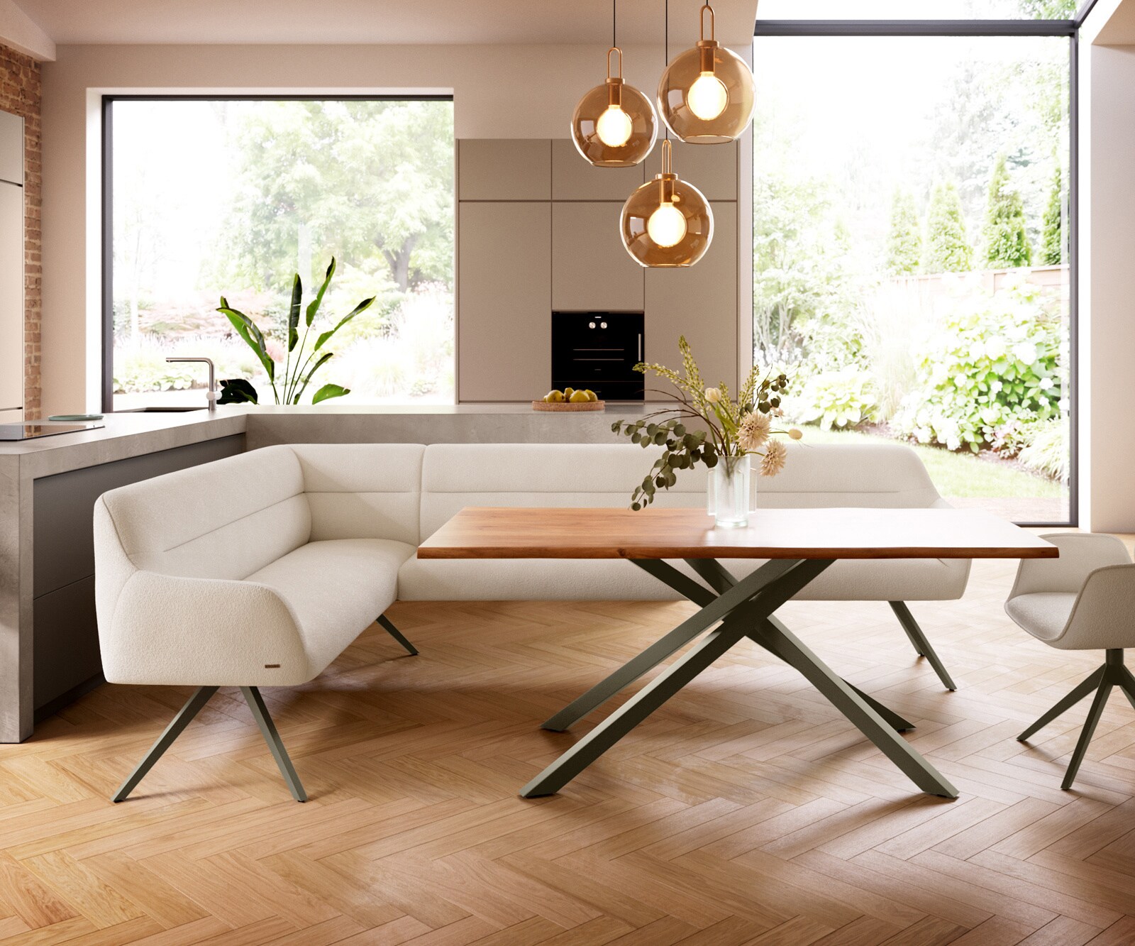 Eetkamerbank Taya-Flex 285x190 cm bouclé crème-wit hoekig kruisframe afwerking met titaniumeffect pocketvering links 2