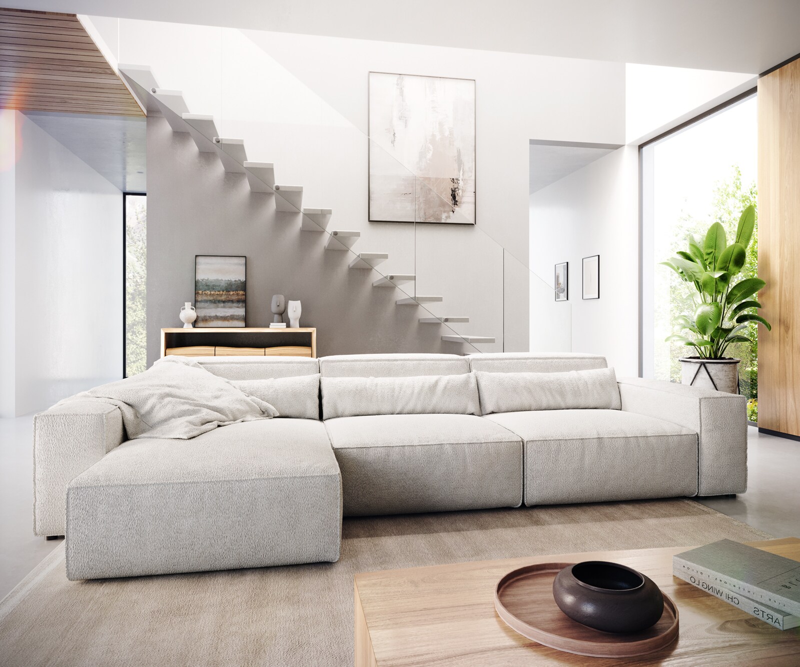 Hoekbank Sirpio L 350x160 cm bouclee crème-wit recamiere variabele 2