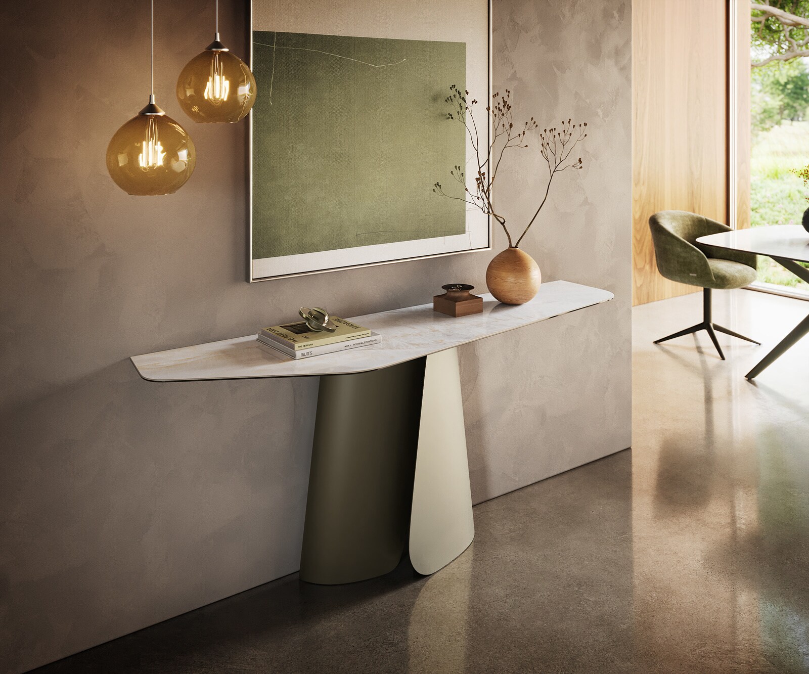 Consoletafel Edge Polygonaal 180x50 cm Keramiek Onyx Pearl Livos Metaal Effektfinish Titan 1