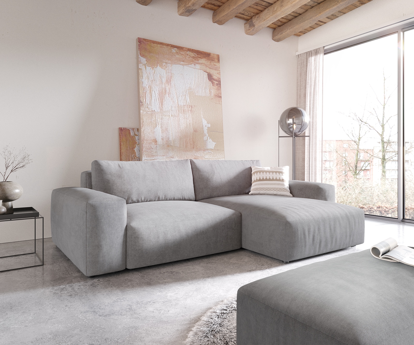 Hoekbank Lanzo XL 270x180 cm microvezel Grijs Recamiere variabel met poef