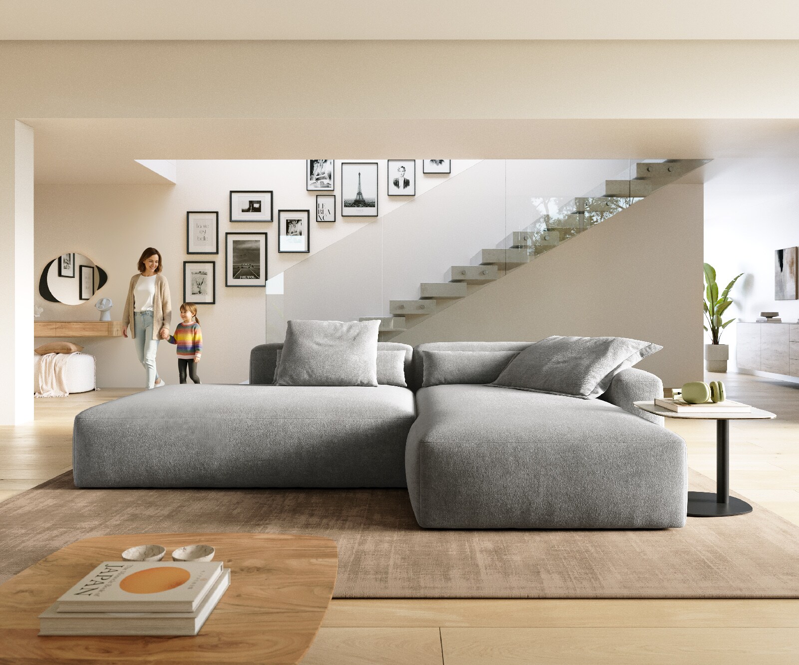 Hoekbank Freestyle 310x200 cm Zachte stof met structuur Grijs kapnaad