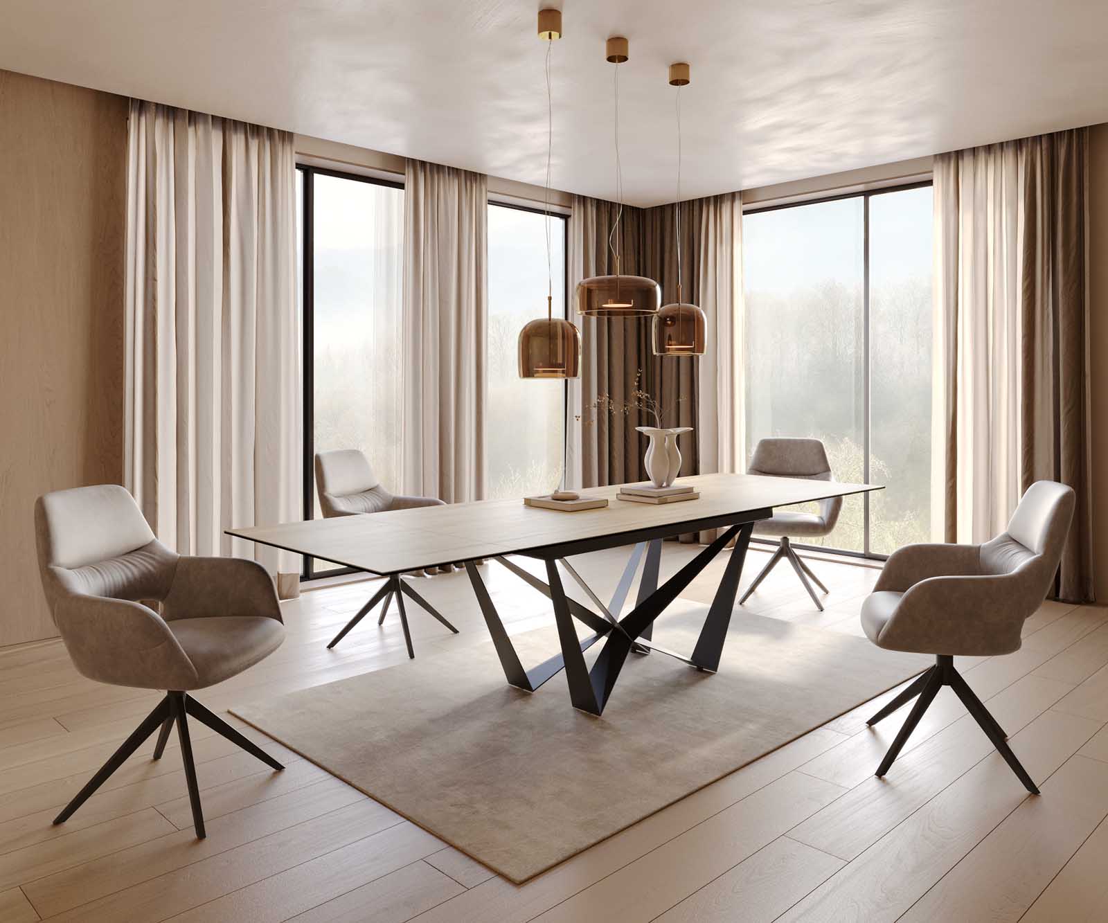 Eetkamertafel Edge 200-300x100 keramiek Laminam® Sabbia eiken kleur spider vlak staal zwart uitschuifbaar 7