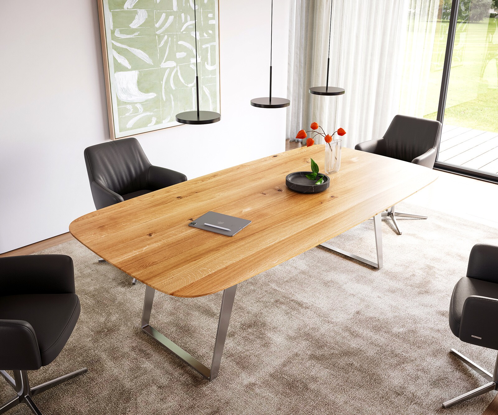 Eettafel Edge Boot 240x120x2,5-3 eiken natuur RVS schuin Zwitserse rand