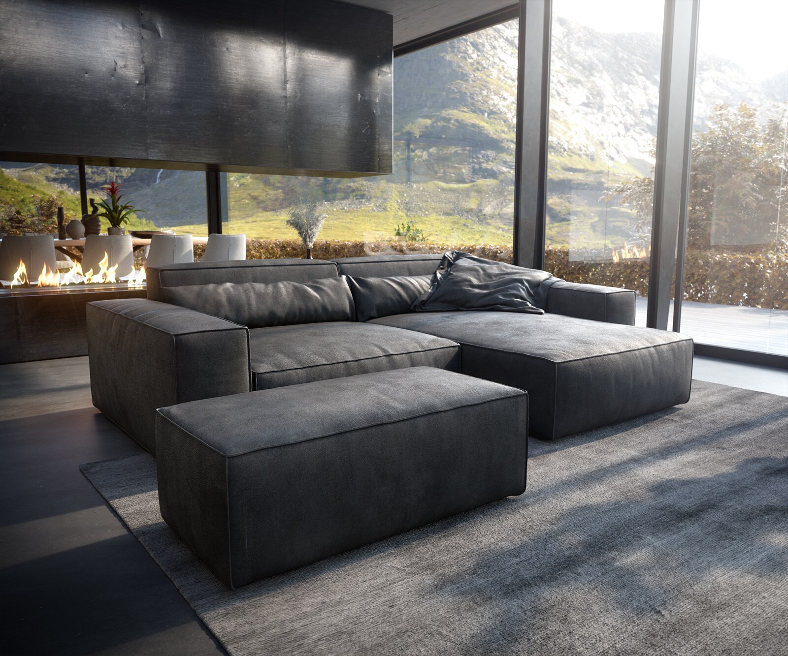 Hoekbank Sirpio XL 270x170 cm kunstleer vintage antraciet variabele rugleuning met kruk