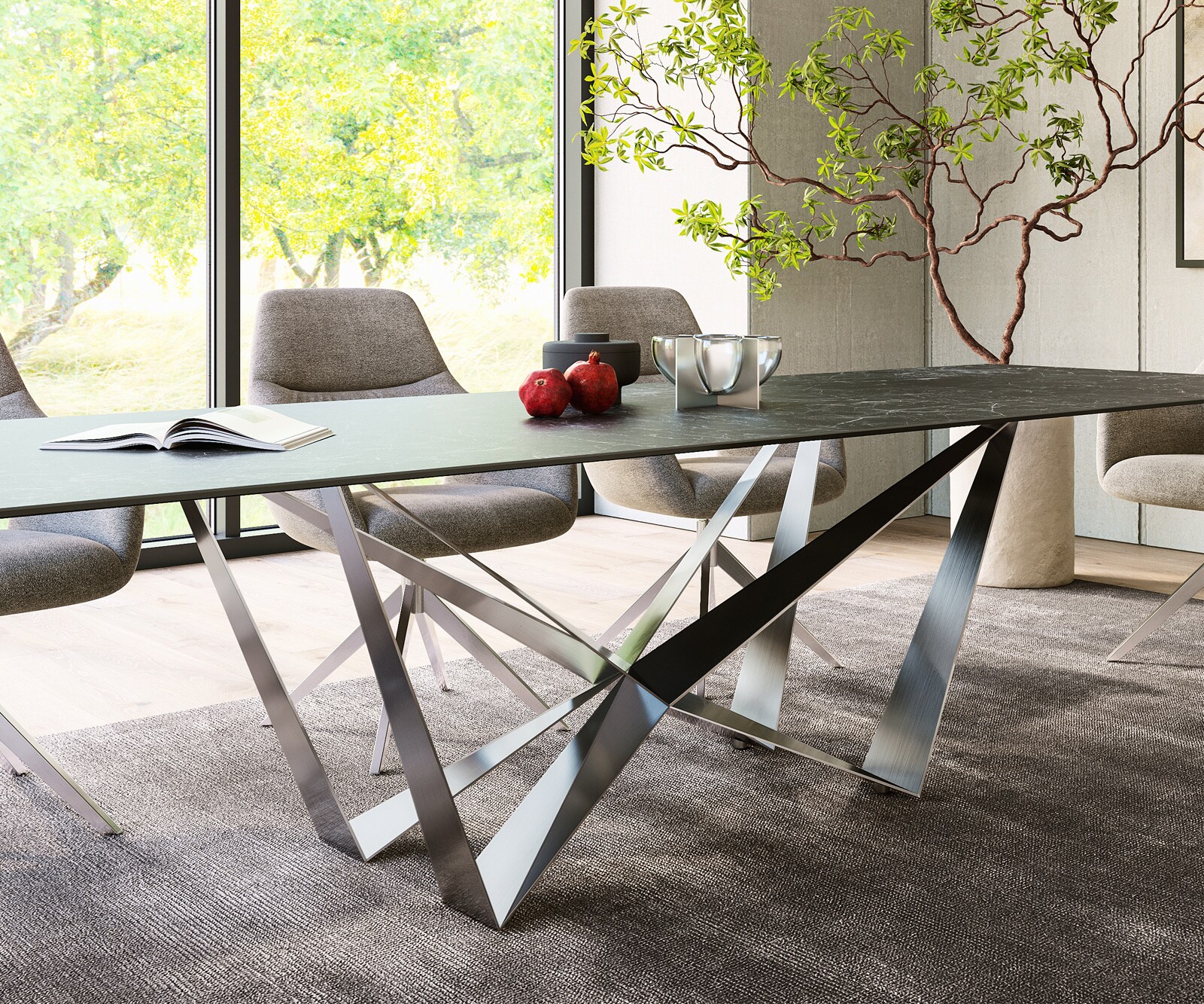 Eettafel Edge 300x100cm Laminam® keramiek grijs middenpoot vlak staal zilver 6