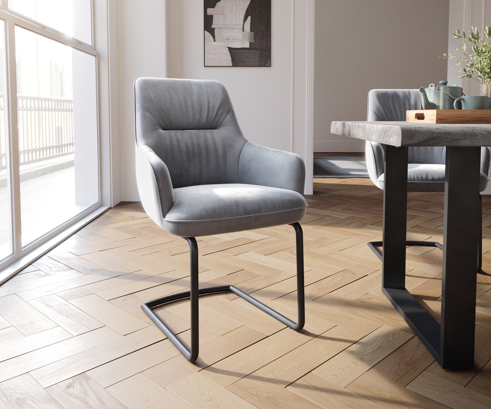 Sledemodel Zelia-Flex met armleuning fluweel grijs sledemodel rond zwart pocketveer kern