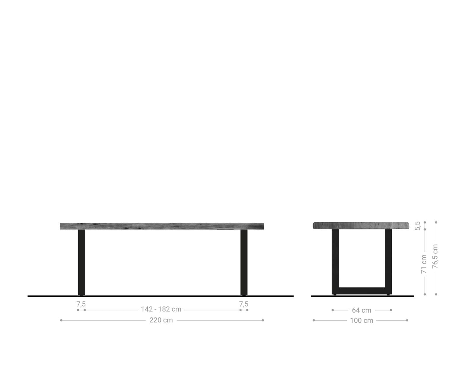 Eettafel Edge 220x100cm XL acacia platina roestvrijstaal breed Live-Edge 8
