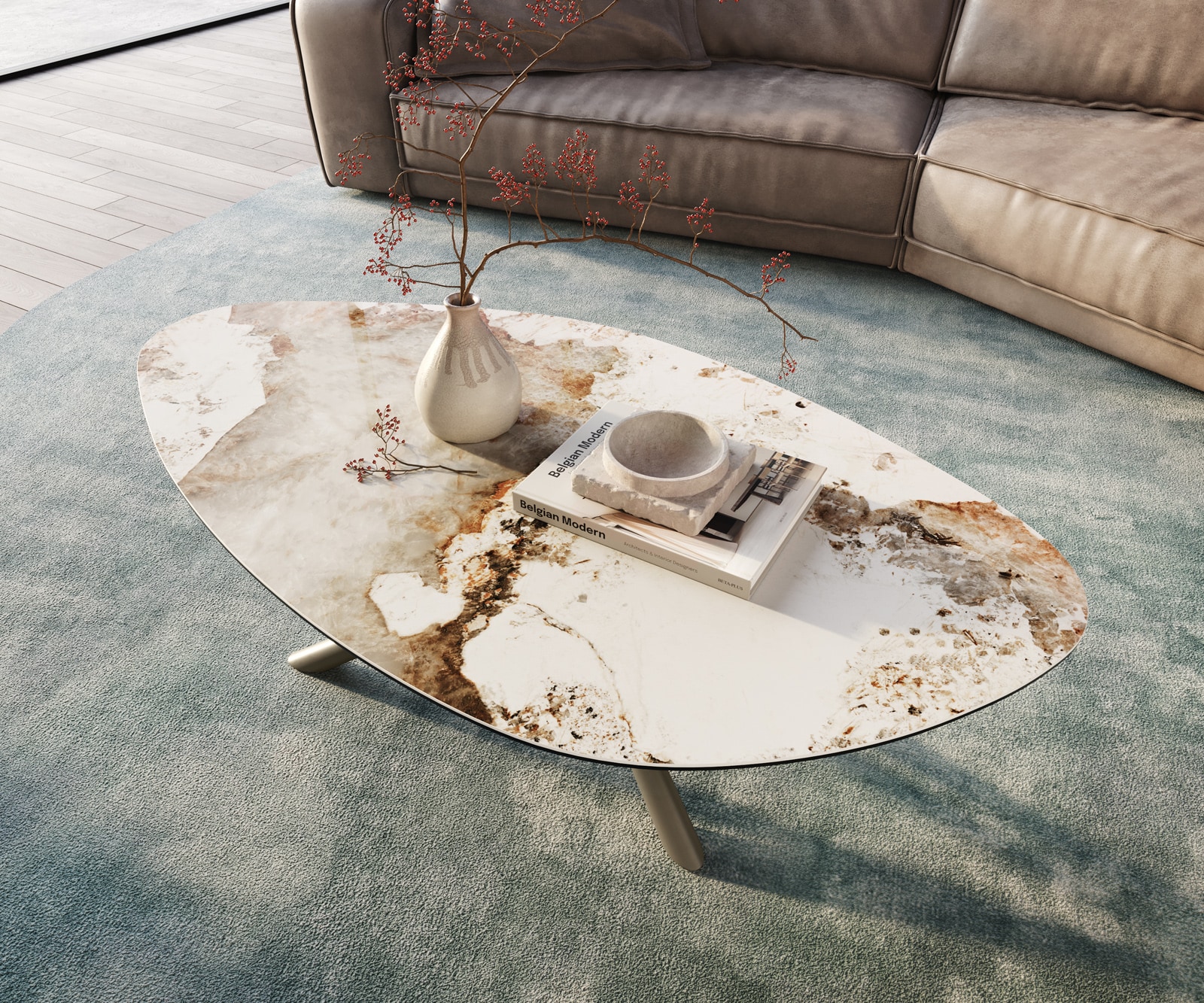 Salontafel Edge Organisch 140x76 cm keramiek Minas Melange Sarity Metall effectafwerking titaan 4